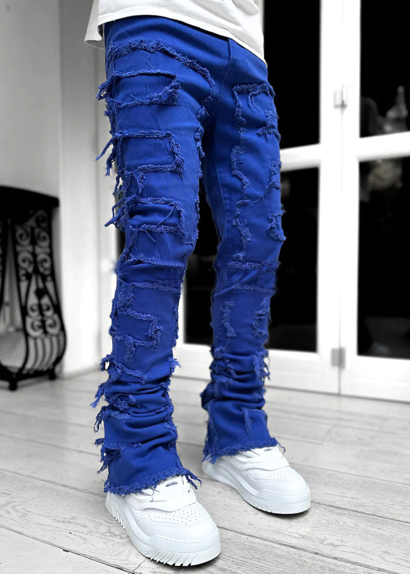 Trousers Patched Long Stacked Men's Jeans