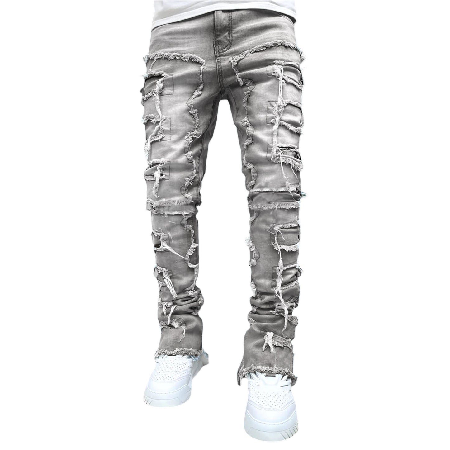 Trousers Patched Long Stacked Men's Jeans