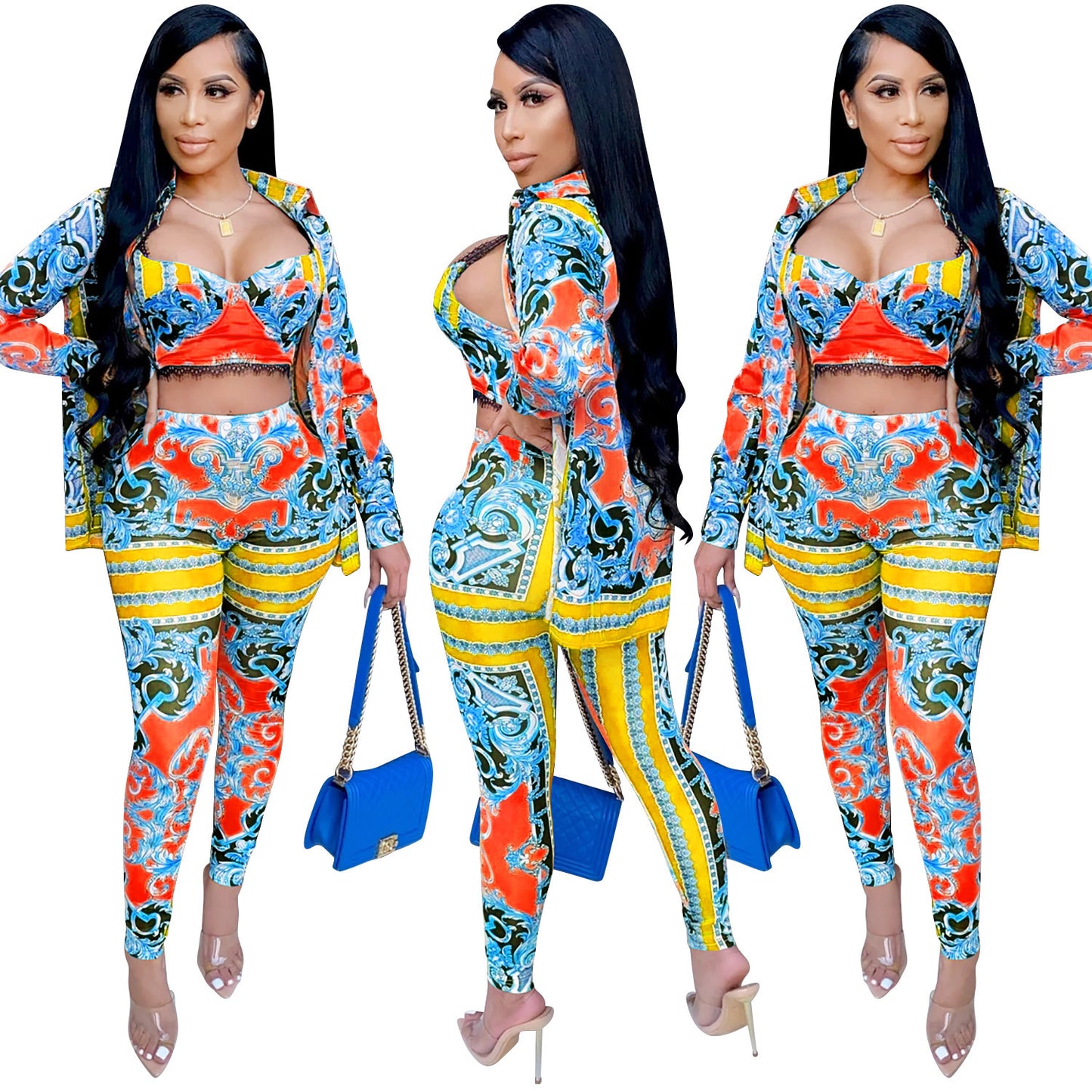 Milk silk digital printing sleeveless pants suit