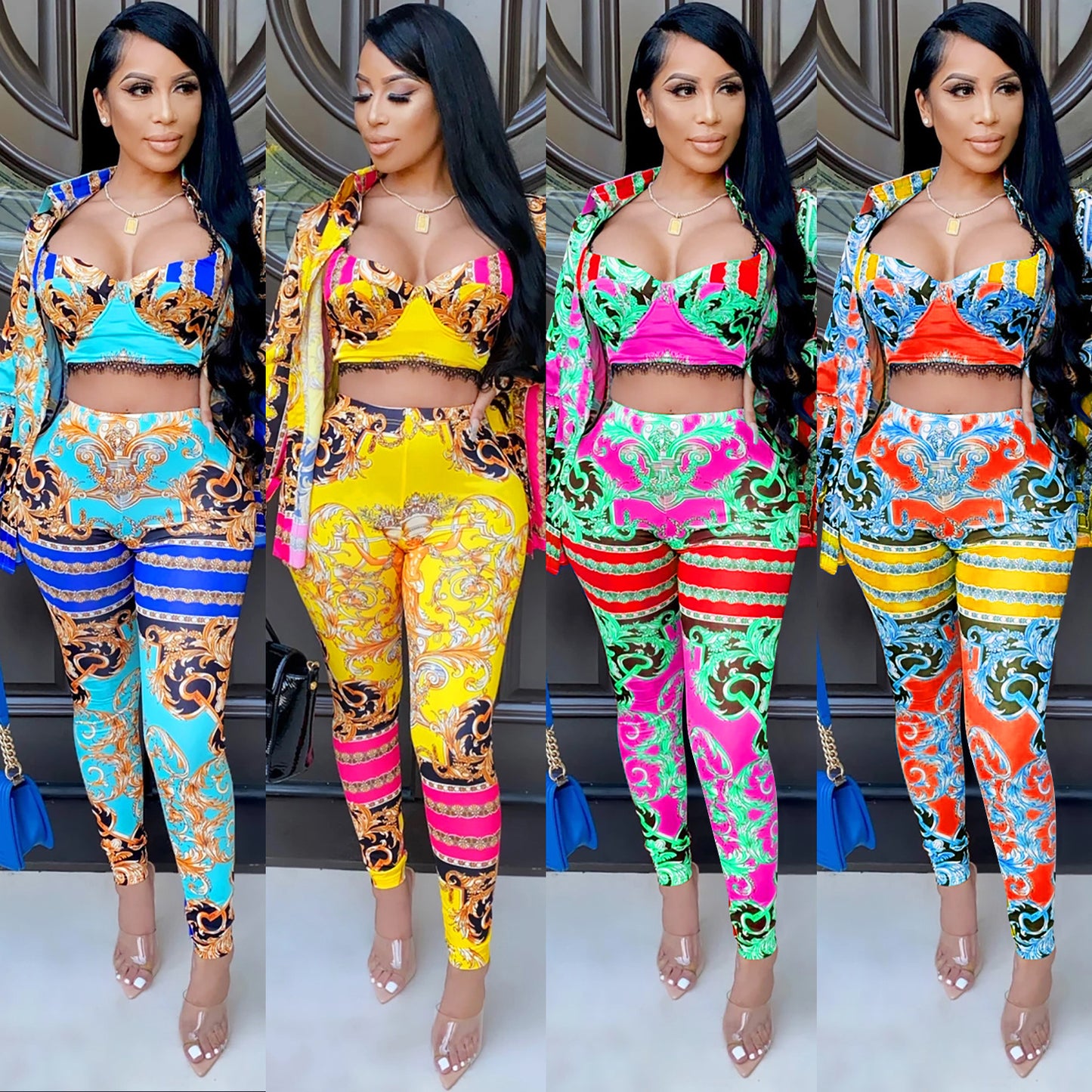 Milk silk digital printing sleeveless pants suit
