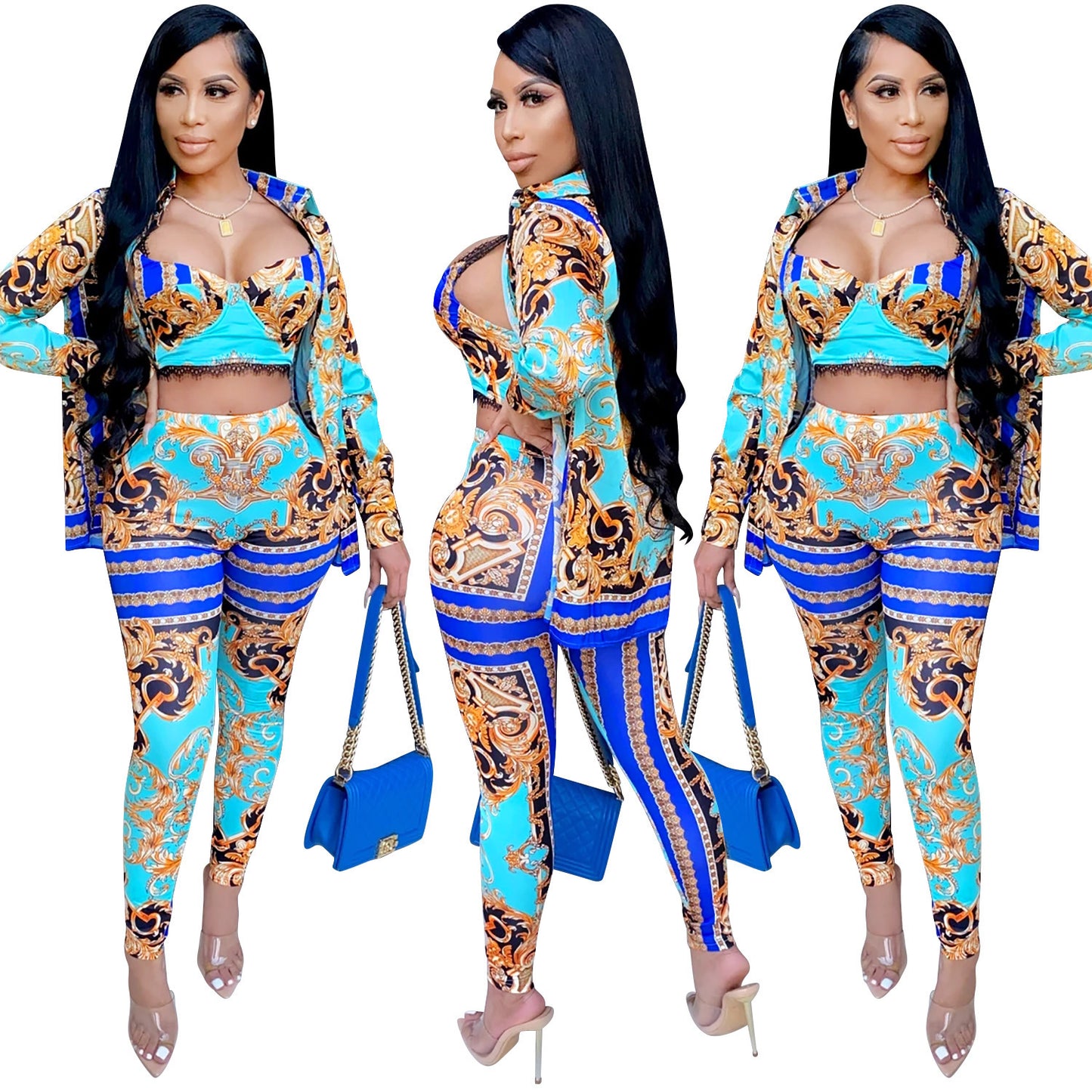 Milk silk digital printing sleeveless pants suit