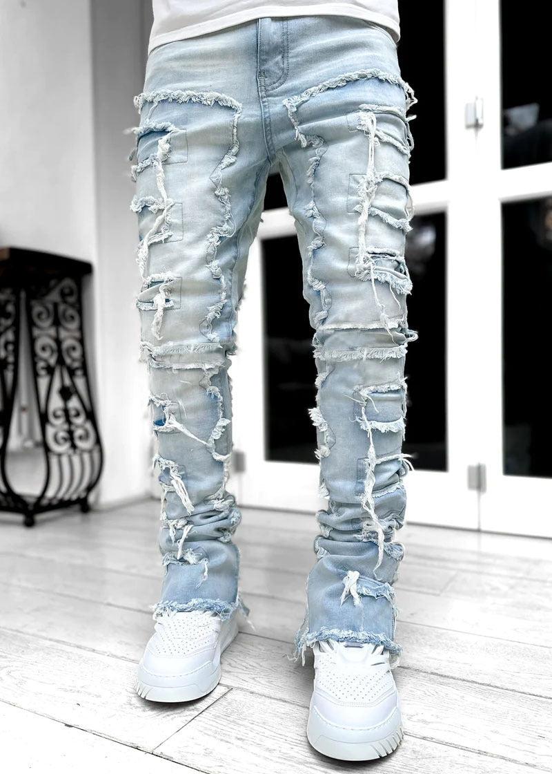 Trousers Patched Long Stacked Men's Jeans