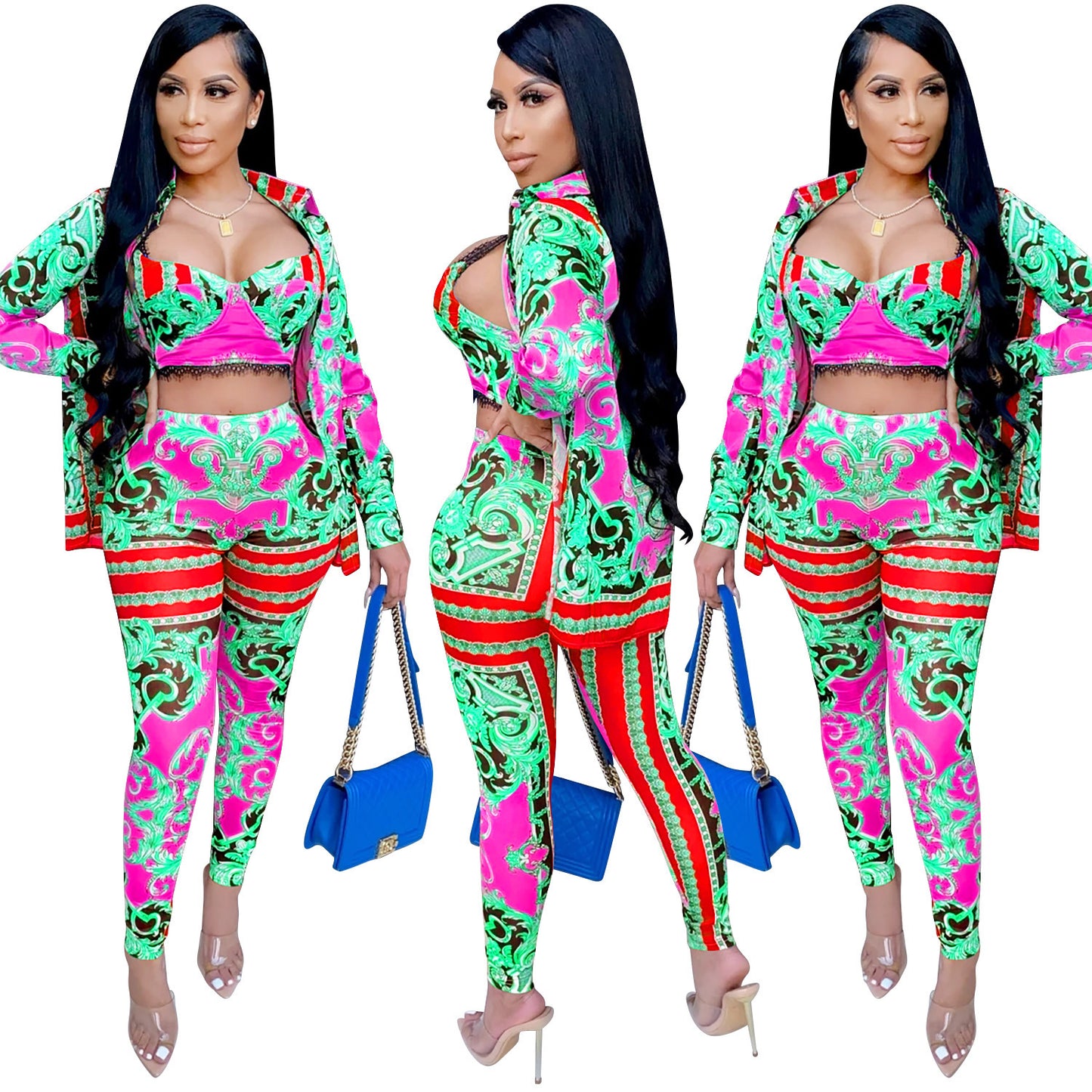 Milk silk digital printing sleeveless pants suit