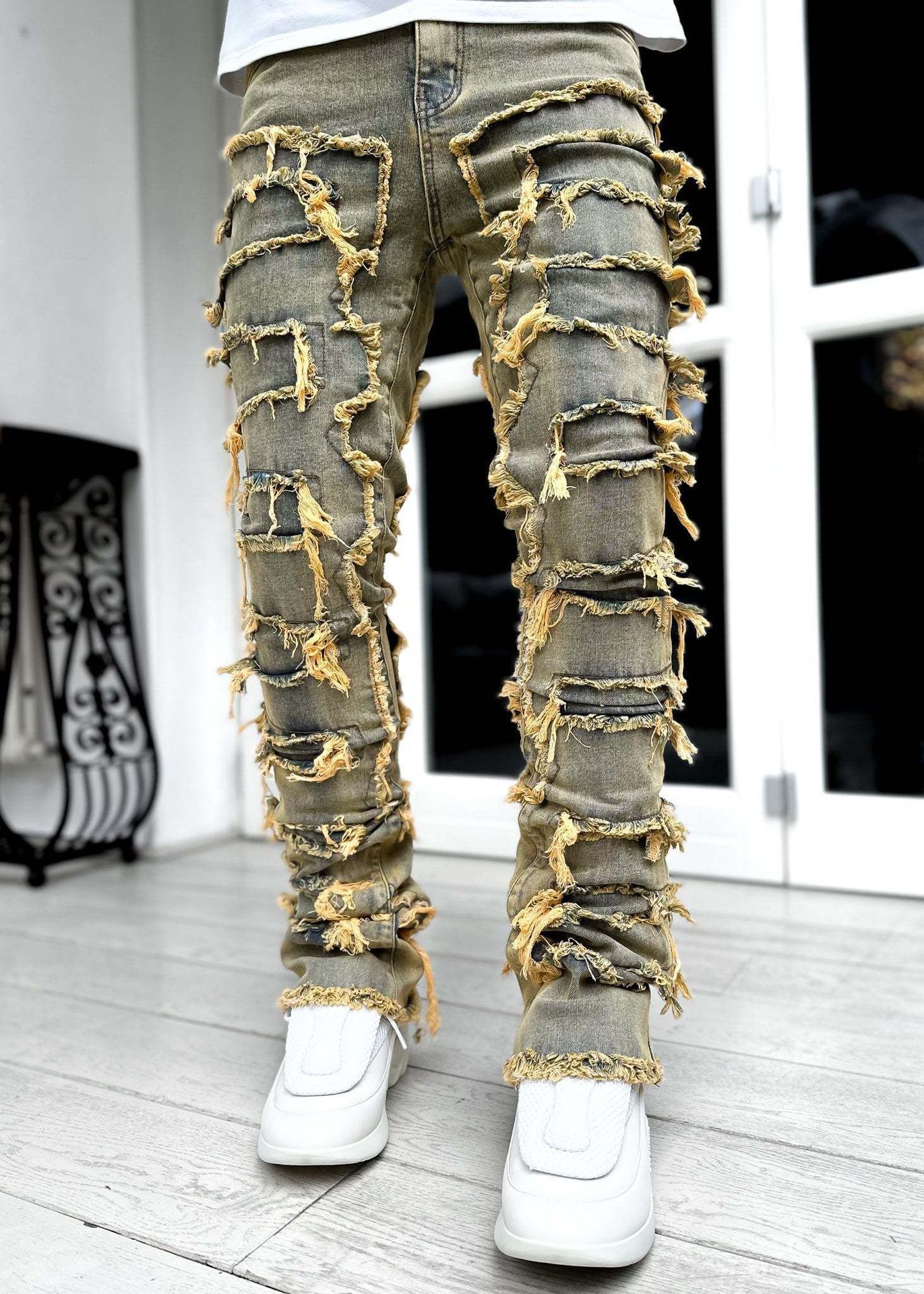 Trousers Patched Long Stacked Men's Jeans