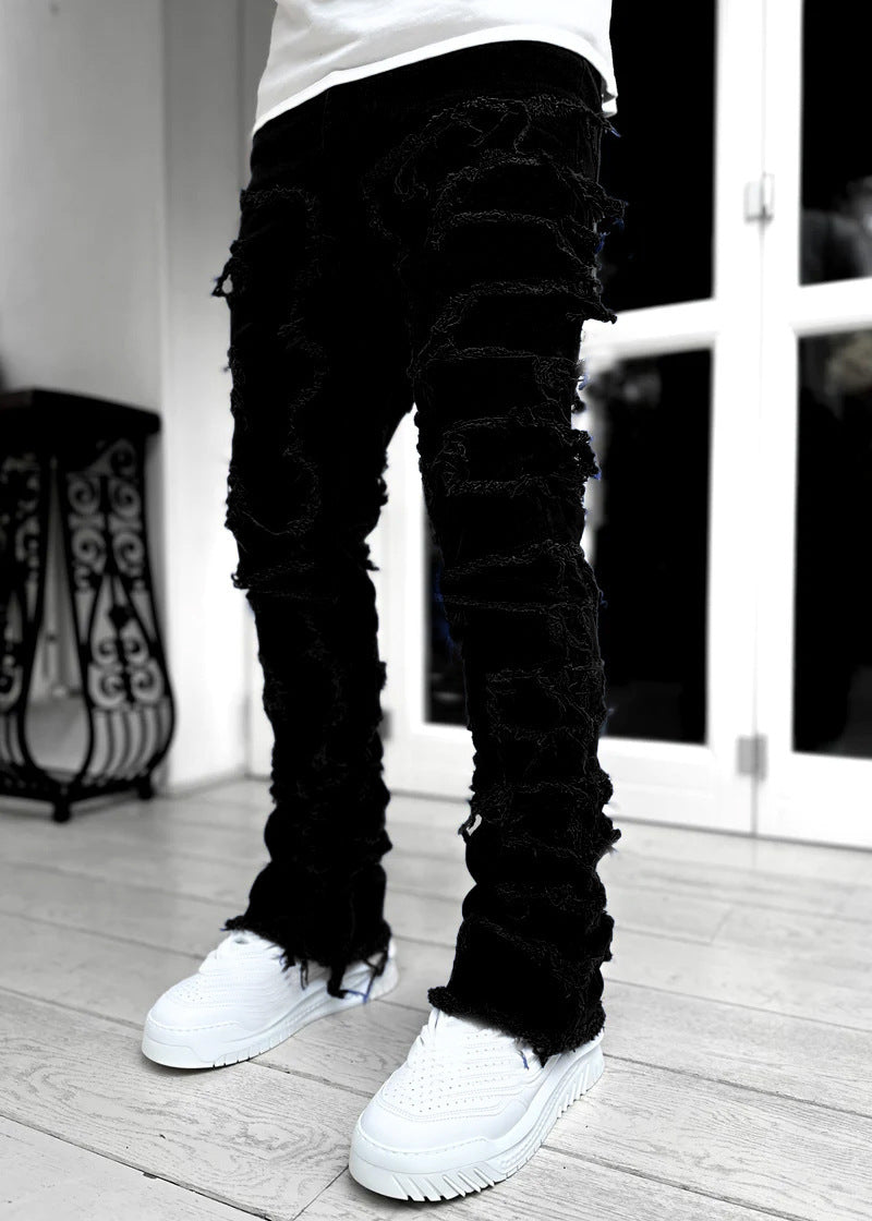 Trousers Patched Long Stacked Men's Jeans