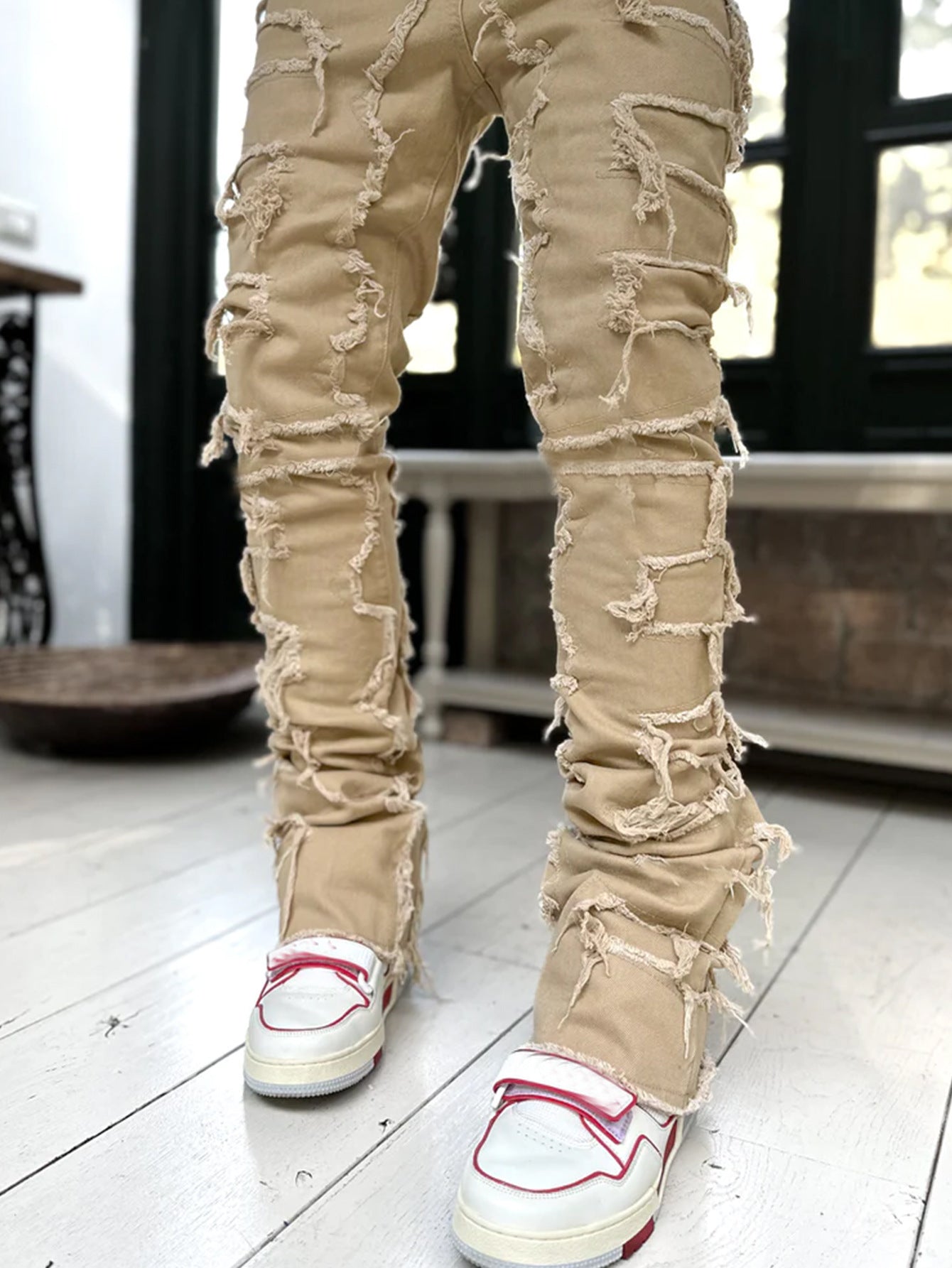 Trousers Patched Long Stacked Men's Jeans