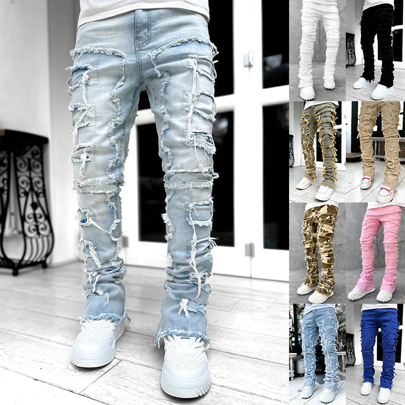 Trousers Patched Long Stacked Men's Jeans