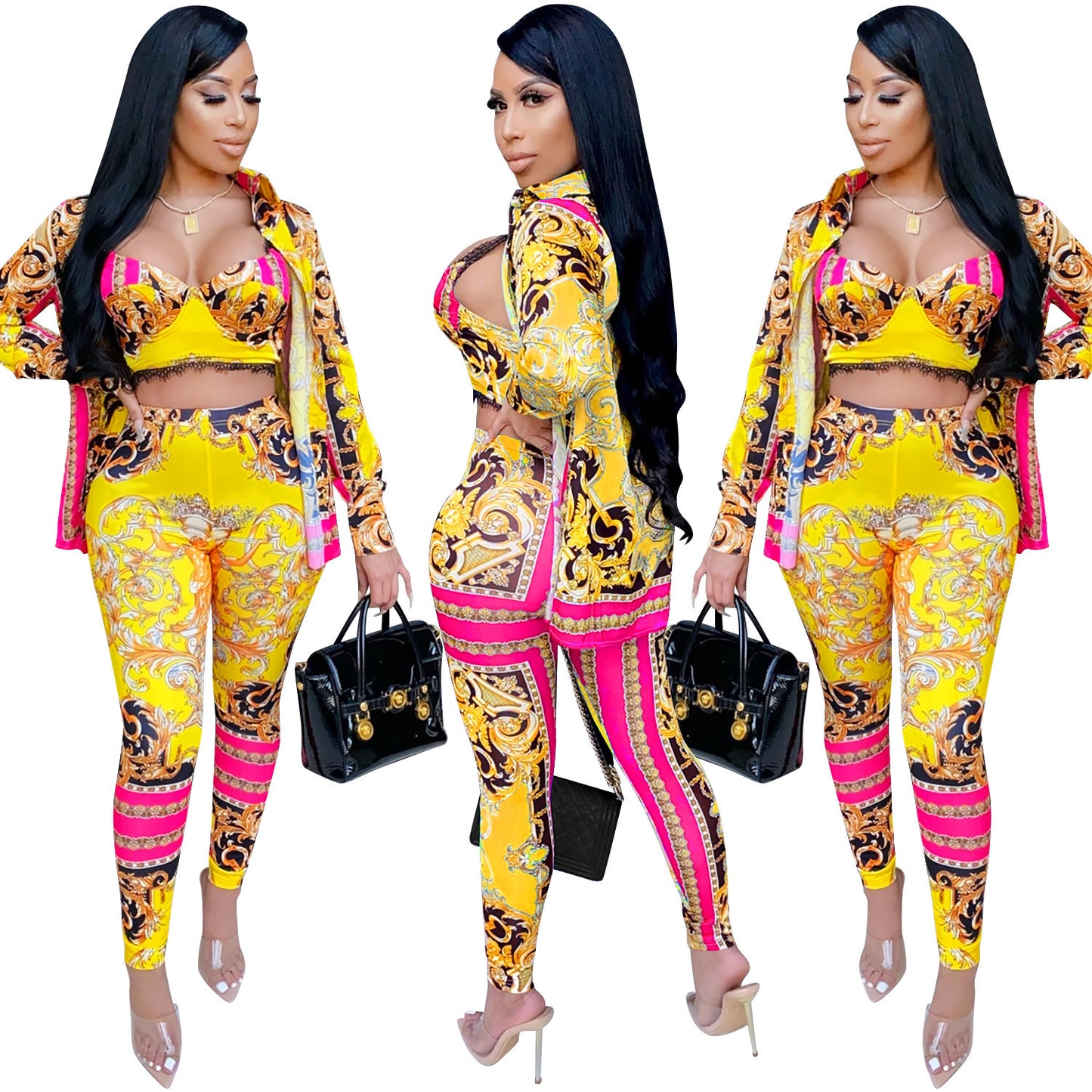 Milk silk digital printing sleeveless pants suit
