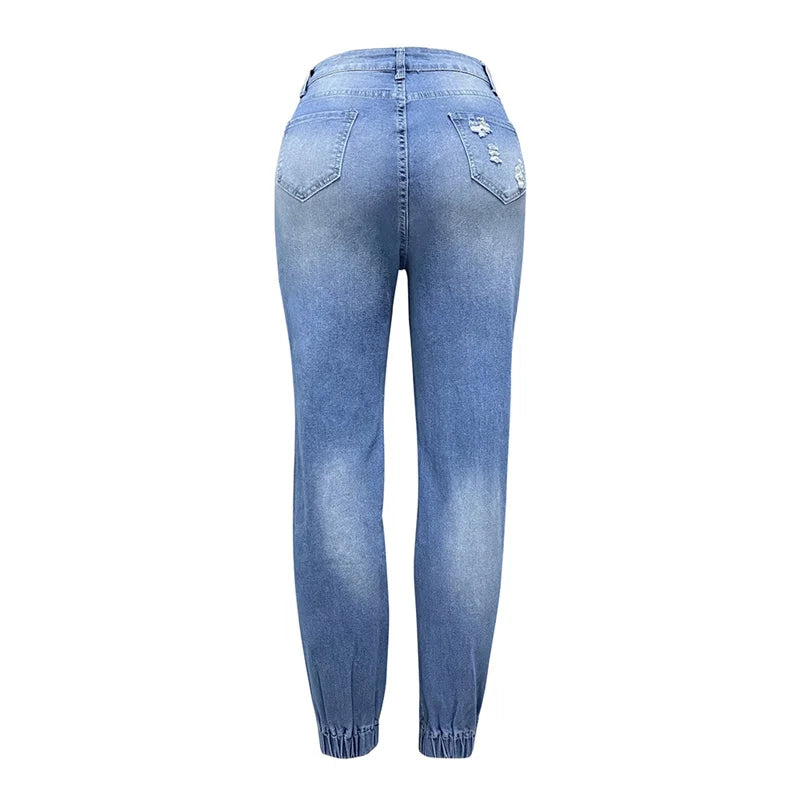 Fashion Alphabet Print Stretch Leg Pencil Jeans Women Trend Broken Holes Denim Pants Female Slim Mid Waist Button Chic Trousers