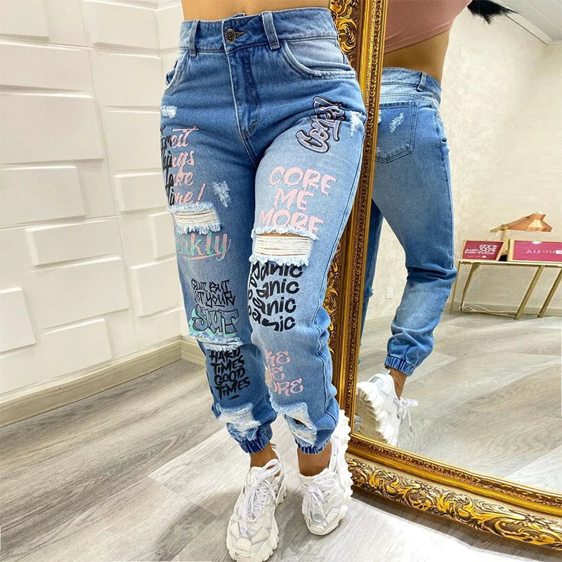Fashion Alphabet Print Stretch Leg Pencil Jeans Women Trend Broken Holes Denim Pants Female Slim Mid Waist Button Chic Trousers