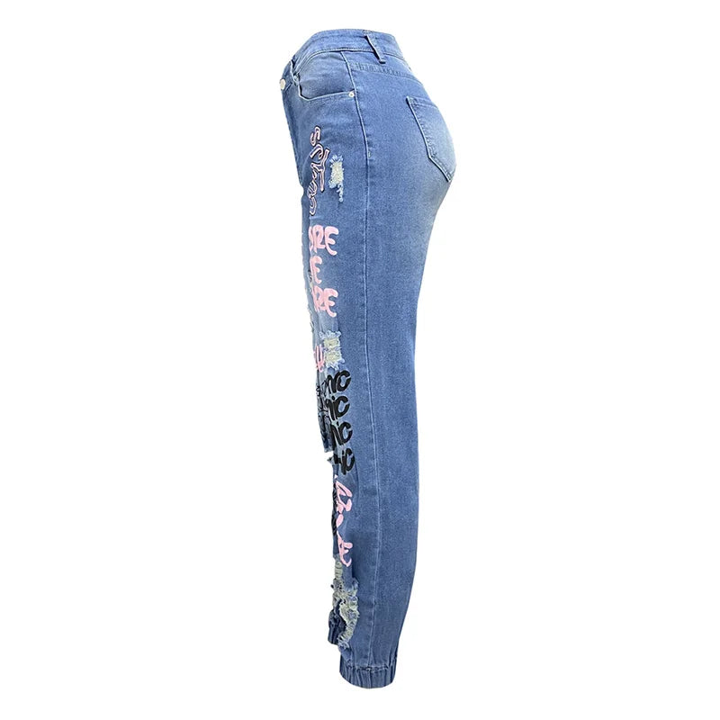 Fashion Alphabet Print Stretch Leg Pencil Jeans Women Trend Broken Holes Denim Pants Female Slim Mid Waist Button Chic Trousers