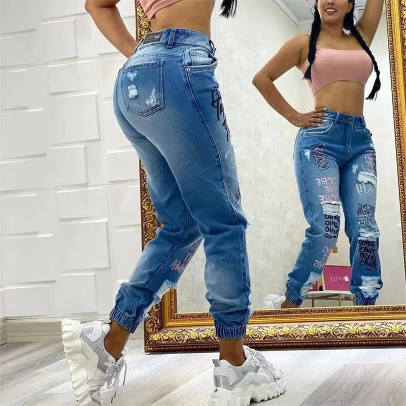 Fashion Alphabet Print Stretch Leg Pencil Jeans Women Trend Broken Holes Denim Pants Female Slim Mid Waist Button Chic Trousers