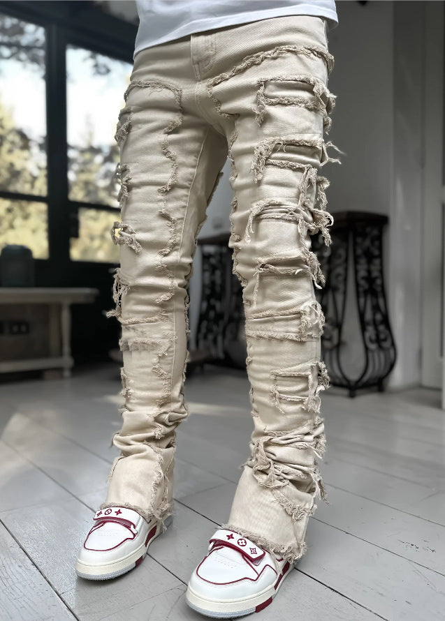 Trousers Patched Long Stacked Men's Jeans