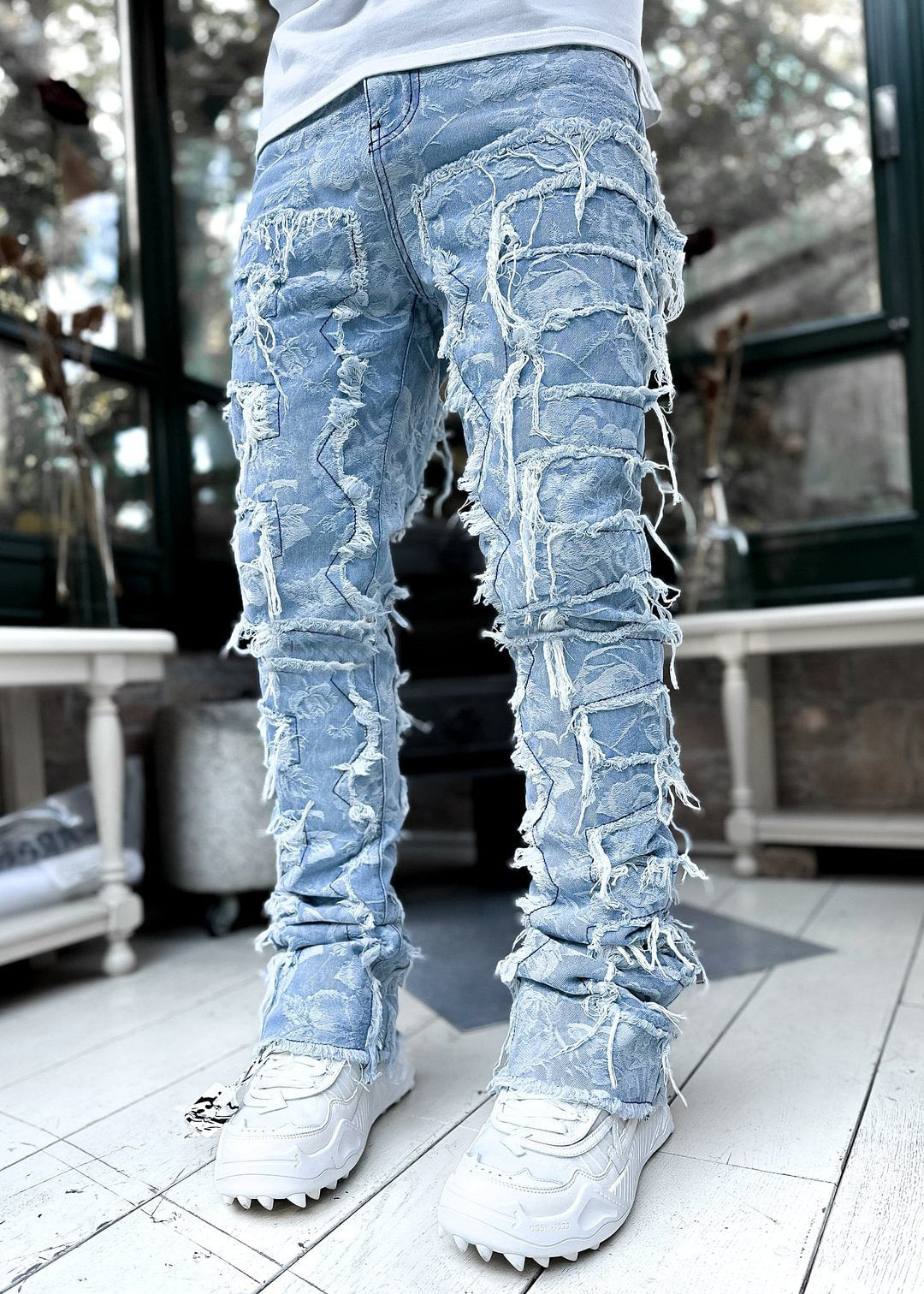 Trousers Patched Long Stacked Men's Jeans